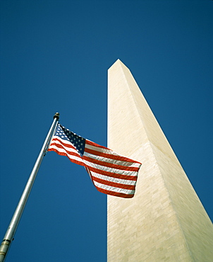 Stars and stripes American flag and Washington Monument, Washington D.C., United States of America (U.S.A.), North America