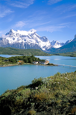 Peaks of Cerro Paine Grande (3050m), Lago Pehoe and hotel Pehoe, Torres del Paine National Park, Patagonia, Chile, South America