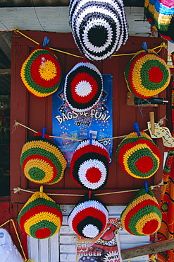 Rasta (Rastafarian) hats on display, Tobago, Trinidad and Tobago, West Indies, Caribbean, Central America