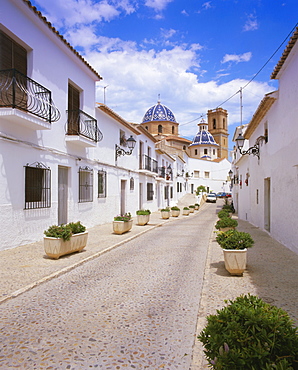 Church and street in Altea, Valencia, Spain, Europe