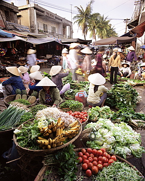 Women in conical hats selling fruit and vegetables in busy Central market, Hoi An, Central Vietnam, Vietnam, Indochina, Southeast Asia, Asia