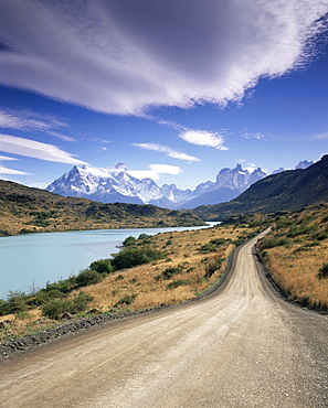 Cuernos del Paine rising up above Rio Paine, Torres del Paine National Park, Patagonia, Chile, South America