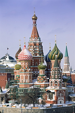 St. Basil's Christian cathedral in winter snow, Red Square, UNESCO World Heritage Site, Moscow, Russia, Europe