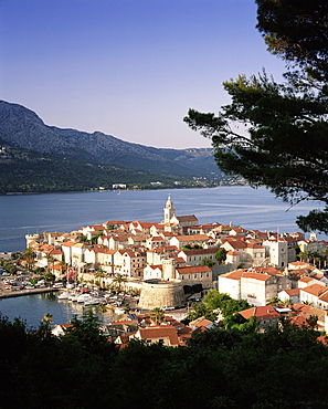 Elevated view of Korcula Town, Old Town of Korcula, Korcula Island, Dalmatia, Dalmatian coast, Croatia, Europe