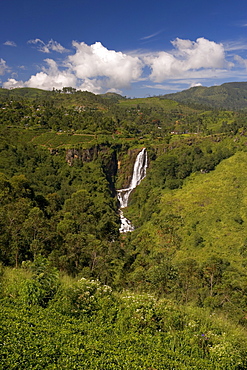 Lush highland countryside and waterfall in the Hill Country around Nuwara Eliya, Sri Lanka, Asia