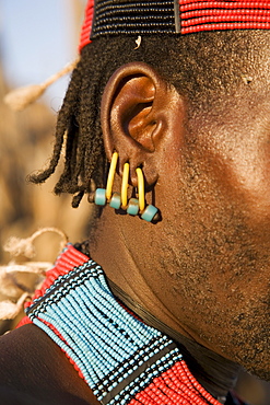 Close-up of earrings worn by a member of the Hamer Tribe, Lower Omo Valley, Ethiopia, Africa