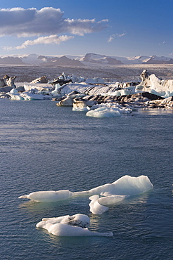 Icebergs floating in the Lagoon beneath Breidamerkurjokull Glacier, Jokulsarlon (Glacial River Lagoon), southern Vatnajokull, southern area, Iceland, Polar Regions