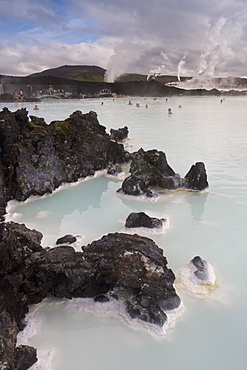 Water rich in blue-green algae (cyanobacteria), mineral salts and fine silica mud at the geothermal spa that owes its existence to the Svartsengi geothermal power plant, Blue Lagoon, near Reykjavik, Iceland, Polar Regions