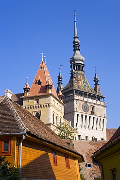 Clock tower (Turnul cu Ceas), 64m tall, formerly the main entrance to the fortified city, in the medieval old town or citadel, Sighisoara, UNESCO World Heritage Site, Transylvania, Romania, Europe