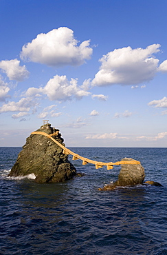 Meoto-Iwa (Wedded Rocks), two rocks considered to be male and female, joined in matrimony by shimenawa (sacred ropes), renewed in a special festival each year, Futami, Ise-Shima, Central Honshu (Chubu), Japan, Asia