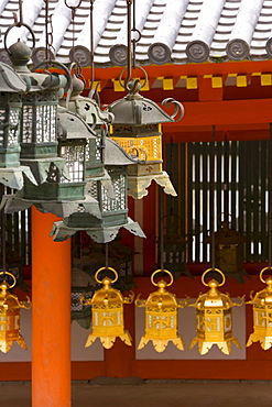 Detail of lanterns hanging outside Kasuga Taisha temple in Nara Koen, Nara, Kansai Region, Honshu, Japan, Asia