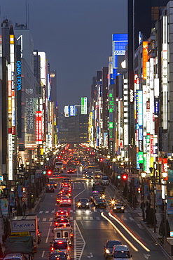 Chuo-dori, elevated view at dusk along Tokyo's most exclusive shopping street, Ginza, Tokyo, Honshu, Japan, Asia