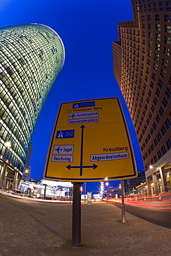 Wide angle view of street sign in new urban development, Potsdamer Platz, Berlin, Germany, Europe