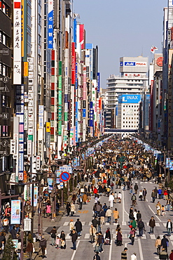 Elevated view along Chuo-dori, the most fashionable shopping street in Tokyo, Ginza, Tokyo, Honshu, Japan, Asia