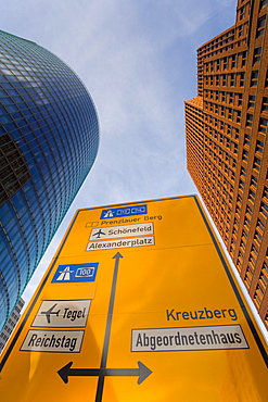 Low angle view of traffic sign and skyscrapers, Potsdamer Platz, Berlin, Germany, Europe