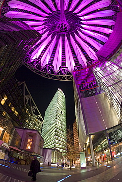 Interior of the Sony Center illuminated at night, Potsdamer Platz, Berlin, Germany, Europe