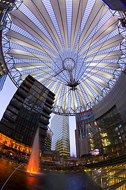 Interior of the Sony Center illuminated at night, Potsdamer Platz, Berlin, Germany, Europe