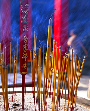 Close-up of incense sticks burning, Thien Hau pagoda, Chinese Buddhist temple, Ho Chi Minh City (Saigon), Vietnam, Indochina, Southeast Asia, Asia