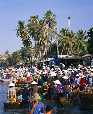 Village people collecting the morning catch from fishing boat fleet, Mui Ne, south-central coast, Vietnam, Indochina, Southeast Asia, Asia