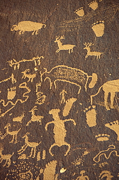 Rock petroglyphs of footprints and animals in the Newspaper Rock State Historical Monument, in Utah, United States of America, North America