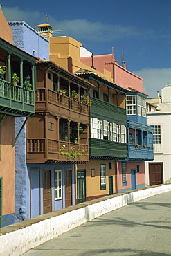 Painted houses with overhanging wooden balconies in Santa Cruz de la Palma, on La Palma, Canary Islands, Spain, Europe