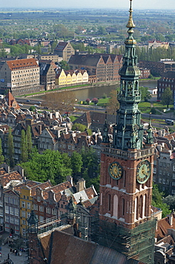 Clock tower and city centre from a high view point in Gdansk, Poland, Europe