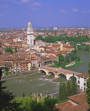 The Ponte Pietra over the Adige River and Anastasia cathedral from Museo Archeologico, Verona, UNESCO World Heritage Site, Veneto, Italy, Europe