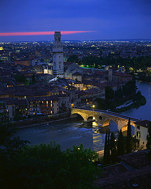 Ponte Pietra and Anastasia Cathedral from Museo Archeologico, Verona, Veneto, Italy, Europe