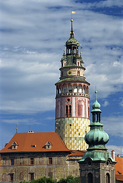 The former church of St. Jost and the Castle Round tower in Cesky Krumlov, UNESCO World Heritage Site, South Bohemia, Czech Republic, Europe