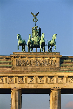 Close-up of the Quadriga atop the Brandenburg Gate, Berlin, Germany, Europe