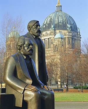 Statues of Marx and Engels and the Berlin Cathedral (Dom), Berlin, Germany, Europe