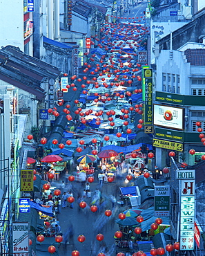 Aerial view over Jalan Petaling Market (Night Market), Kuala Lumpur, Malaysia, Southeast Asia, Asia