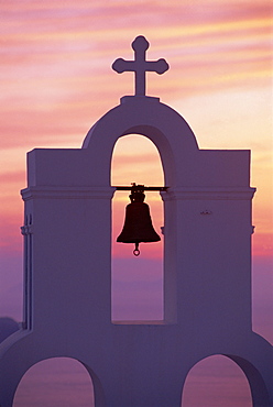 Close-up of bell tower on Greek Orthodox church on Santorini, Cyclades, Greece *** Local Caption ***