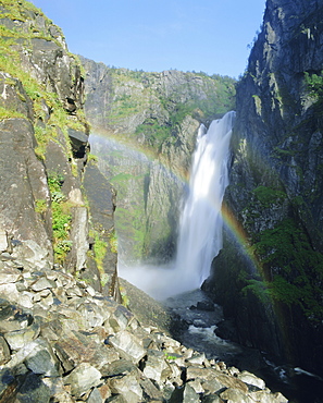 Rainbow and Voringsfossen waterfall, Hardanger region, Norway, Scandinavia, Europe