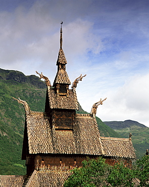 The best preserved 12th century stave church in Norway, Borgund Stave Church, Western Fjords, Norway, Scandinavia, Europe