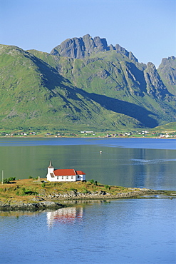 Red church on Austnesfjord, Lofoten Islands, Nordland, Norway, Scandinavia, Europe