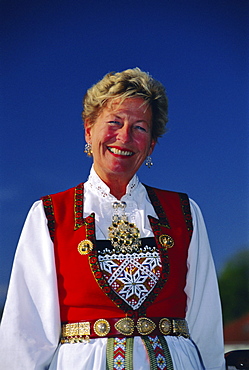 Portrait of a woman in national dress on Norwegian National Day (17th May), Oslo, Norway, Scandinavia, Europe