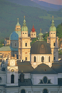 Elevated view of Kollegienkirche and cathedral domes, Salzburg, UNESCO World Heritage Site, Austria, Europe