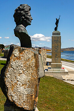 Bronze of Margaret Thatcher beside the 1982 Liberation Monument in Stanley, Falkland Islands, South America