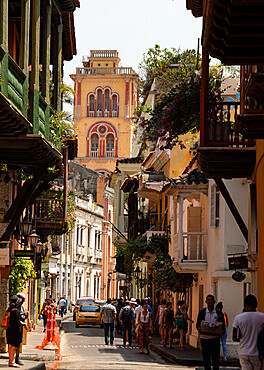 Tower of University in Cloisters of San Agustin, seen along Calle de Estrella, Cartagena, Colombia, South America