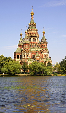 Peter and Paul church seen from Tsarina Pavilion, Peterhof, St. Petersburg, Russia, Europe