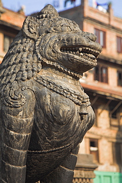 Stone statue in front of temple, Durbar Square, Patan, Bagmati, Nepal, Asia