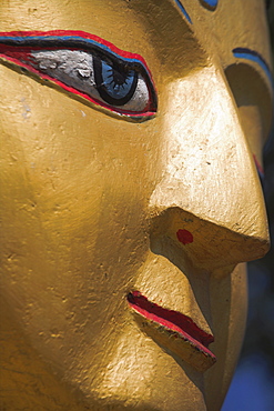 Detail of Buddha image at base of stupa, Swayambunath Stupa (Monkey Temple), UNESCO World Heritage Site, Kathmandu, Nepal, Asia