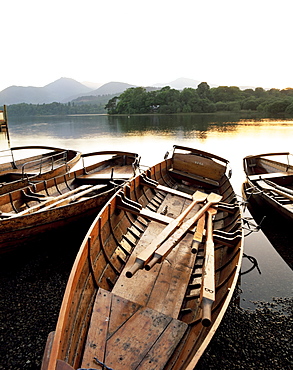 Derwentwater at dusk, Keswick, Lake District, Cumbria, England, United Kingdom, Europe