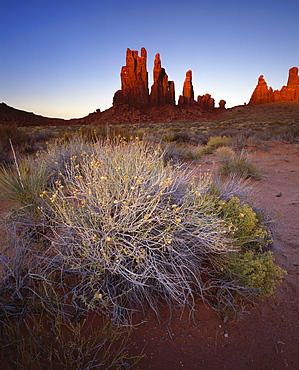 Sandstone pillars bathed in golden evening light, Monument Valley Navajo Tribal Park, border of Utah and Arizona, United States of America, North America