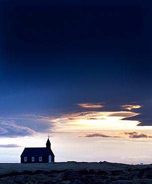 Budir Church at sunrise, hamlet on Budir in Stadarsveit on the Snaefellsnes Peninsula, Iceland, Polar Regions