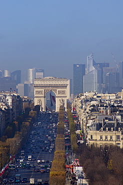 Elevated view of Champs Elysees, Arc de Triomphe and La Defense, Paris, France, Europe