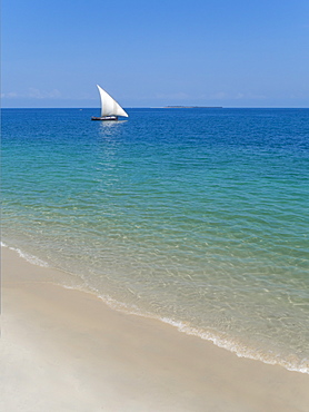 Beach and Indian Ocean dhow, Zanzibar, Tanzania, East Africa, Africa