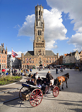 Belfry bell tower and horse carriage, Bruges, UNESCO World Heritage Site, Belgium, Europe