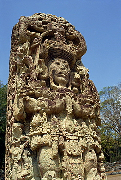 A carved Staela B, dating from the 8th century AD at the Mayan site of Copan, UNESCO World Heritage Site, Honduras, Central America